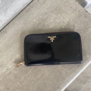 Vintage late 90s Prada shiny black leather wallet with gold hardware